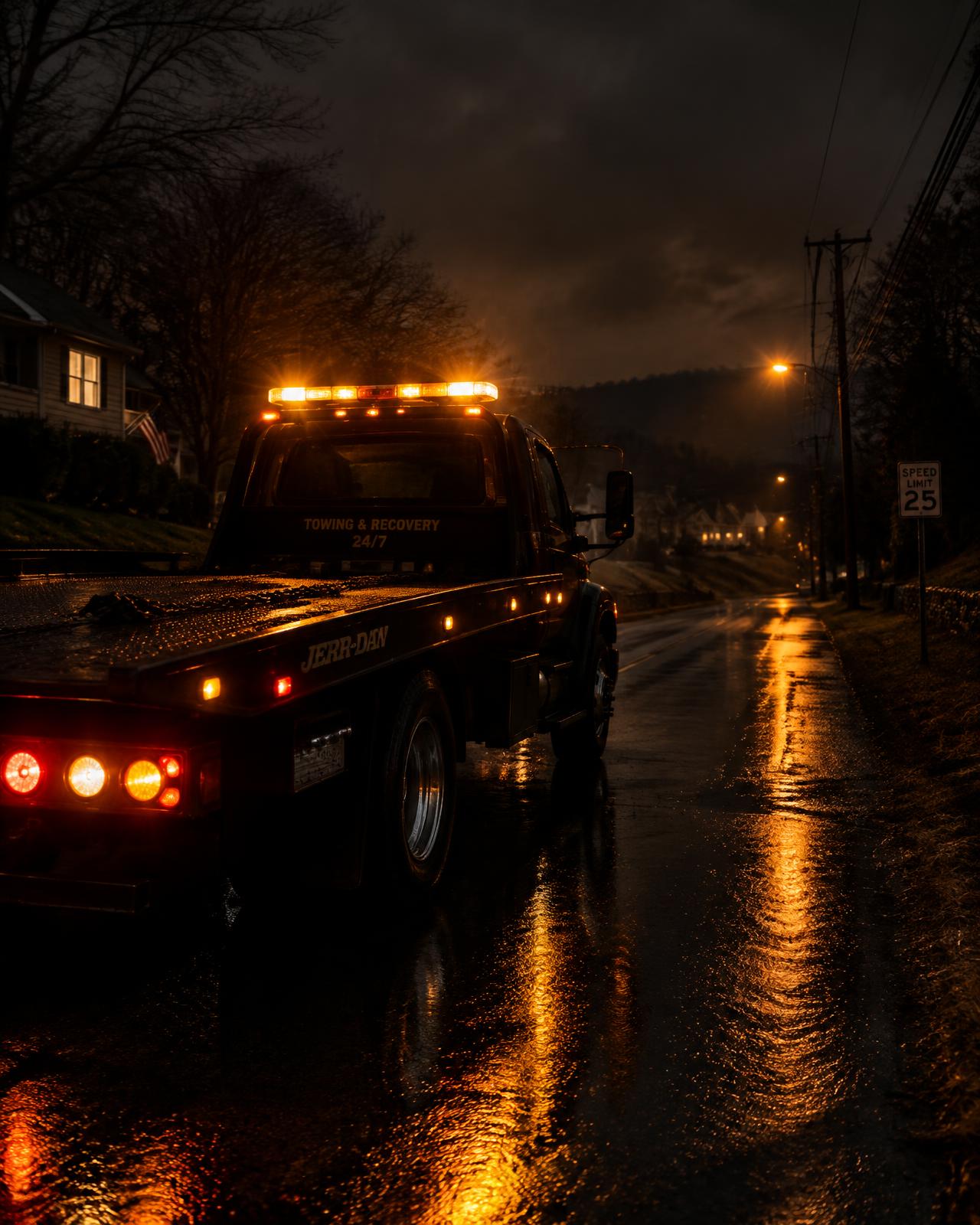Corropolese tow truck with amber lights on a wet road at night